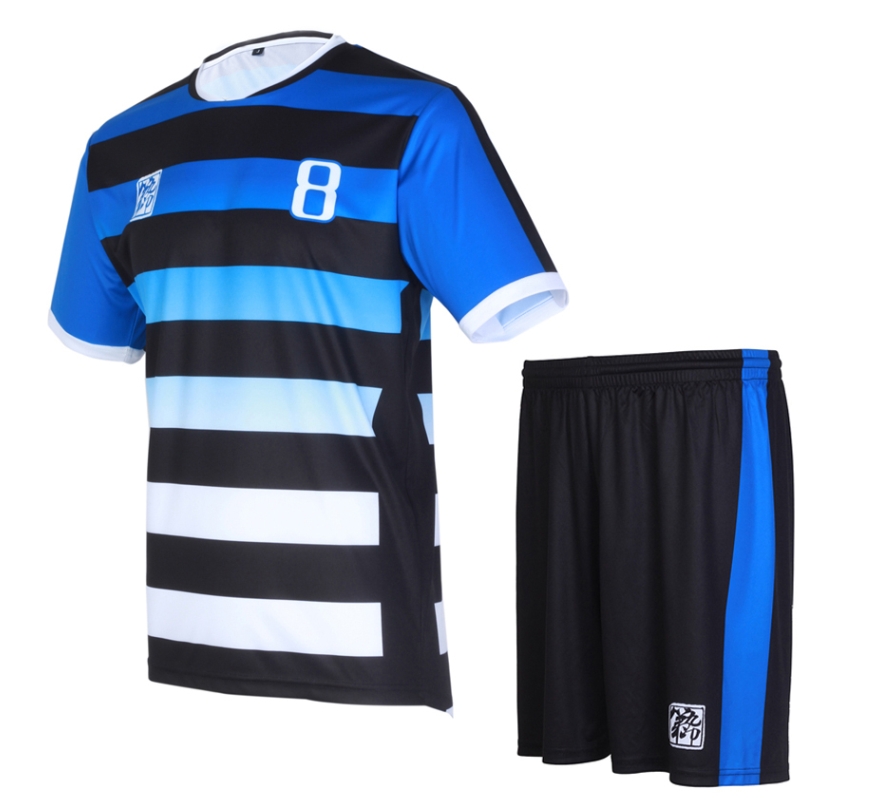 サッカーユニフォームセット|背番号8|黒と青のストライプ
